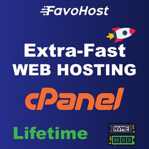 May include: A blue graphic advertising web hosting services. The text reads "Extra-Fast Web Hosting" with "cPanel" in orange and "Lifetime" in green. A rocket graphic and NVME SSD illustration are also included.
