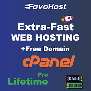 Op de afbeelding: Een afbeelding die webhostingdiensten promoot. De tekst bevat "FavoHost", "Extra-Fast WEB HOSTING", "+ Free Domain" en "cPanel". Een raketgrafiek en "Lifetime" zijn ook aanwezig. De achtergrond is een blauwe gradiënt.