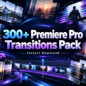 May include: A digital graphic featuring the text 300+ Premiere Pro Transitions Pack and Instant Download, surrounded by a collage of various video clips including mountain landscapes, city skylines, and silhouettes against sunset skies.