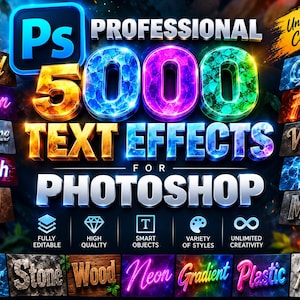 Oltre 5000 effetti di testo professionali per Photoshop: un'ampia raccolta di stili di livello per la tipografia creativa.