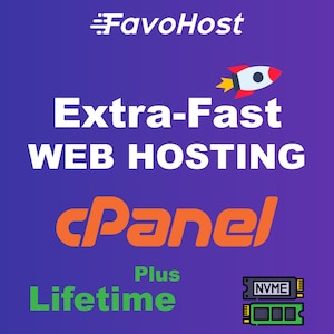 Może przedstawiać: Grafika promująca usługi hostingu stron internetowych. Obraz zawiera logo FavoHost, tekst "Extra-Fast WEB HOSTING" i logo cPanel. Dodatkowy tekst zawiera "Plus Lifetime" i ilustrację rakiety.