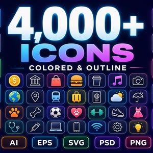 May include: A digital collection of 4,000+ coloured and outline icons featuring various symbols like a briefcase, shopping cart, globe, and sports equipment. The text 4,000+ ICONS COLOURD & OUTLINE is displayed, with file formats AI, EPS, SVG, PSD, and PNG listed.