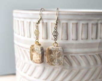 Handmade Fossilized Coral Earrings Unique Gemstone Jewelry Gold