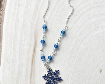 Snowflake Necklace Handmade Jewelry Winter Jewelry Blue Christmas Earrings Blue Snowflake