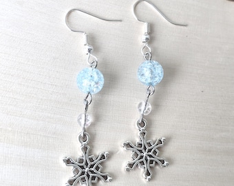 Handmade Snowflake Dangle Earrings Crackled Glass Earrings Winter Jewelry