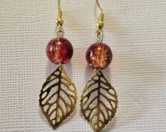 Fall Leaf Earrings Handmade Gold Leaf Earrings Red Orange Gold Jewelry Boho Style Autumn Earrings