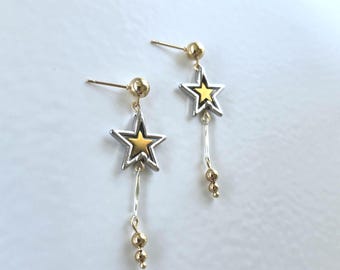 Pendientes colgantes de estrella hechos a mano Pendientes de plata y oro Pendientes colgantes de estrella de plata y oro