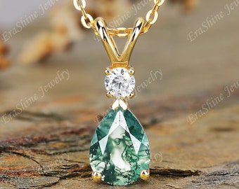 Pear shaped Natural Moss Agate Pendant minimalist solid 18K Yellow Gold Pendant Necklace for women green gemstone Wedding Jewelry moissanite