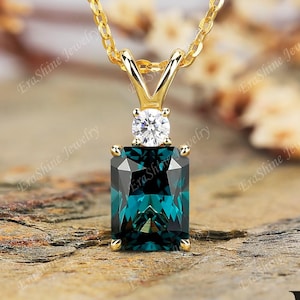 Emerald shaped Blue Green Sapphire pendant necklace for women lab created gemstone Wedding pendant elegant jewelry unique gifts for her