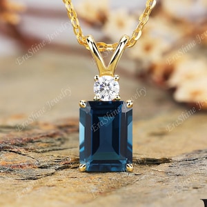 2.0CT Emerald cut Natural London Blue Topaz pendant necklace for women elegant jewelry Anniversary gifts for her December birthstone pendant