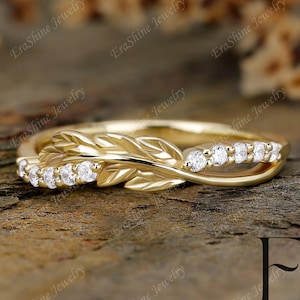 Leaf ring Moissanite 18K solid Gold curved band for her nature inspired band handmade wedding band matching ring branch band
