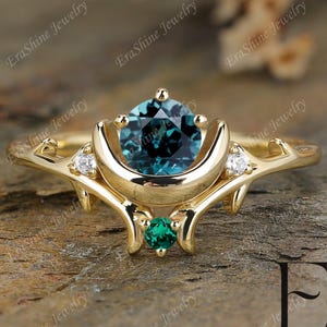 Blue green Sapphire ring yellow solid Gold engagement ring branch band proposal rings anniversary gifts emerald band handmade vintage ring