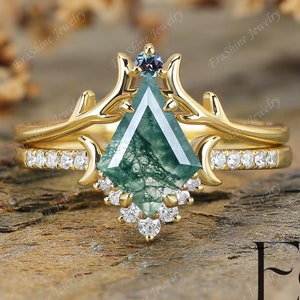 Ensemble de bagues de fiançailles en agate mousse naturelle pour femme, bague de fiançailles en alexandrite, bague assortie faite main