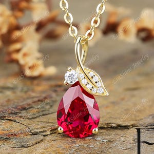 Pear cut Ruby pendant Nature Inspried Leaf Art Deco necklace solid 18K Yellow Gold Red gemstone Pendant for women Wedding moissanite