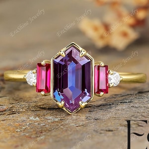 18K yellow Gold Three stone Hexagon cut Alexandrite ring engagement ring for women birthstone handmade ring proposal Ruby side stone ring