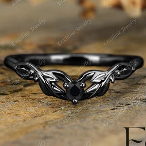 Solid Black Gold natural Black Onyx Nature Inspired leaf band for women stacking twist band matching handmade wedding band