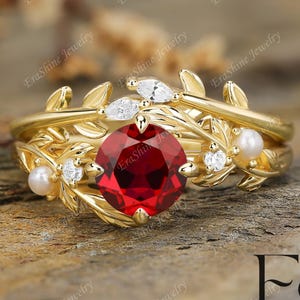 18K gult guld rundslipad rubinring med justerbar förlovningsring med naturlig pärlgren och naturinspirerad fyrverkeri-ädelsten