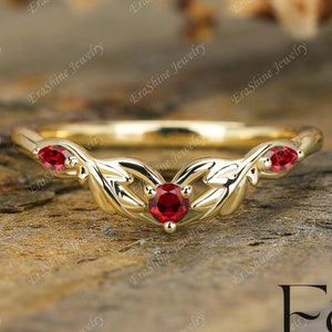 Round cut ruby 925 sterling silver band for women vintage stacking ring matching handmade wedding band Nature Inspired leaf band