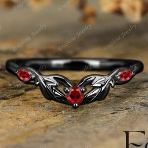 Black Gold marquise cut red Ruby Nature Inspired leaf band Curved band for women stacking ring matching handmade wedding band