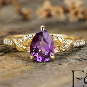 Nature Inspired pear shaped Natural Amethyst ring 925 sterling silver engagement ring anniversary gifts for her Art Deco ring for women