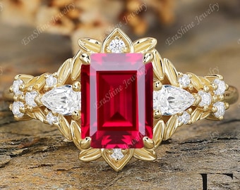 Emerald cut Red Ruby ring for women 18K solid Gold engagement ring statement proposal gifts for her Art Deco anniversary ring