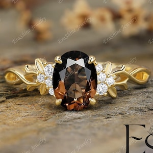 Natural Smoky Quartz ring Leaf Engagement Ring Nature Inspired ring Solid Gold ring handmade branch oval cut brown gemstone gifts for her