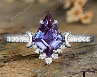 Pierścionek zaręczynowy z aleksandrytem w szlifie latawca, wykonany z 18-karatowego białego złota, dla kobiet, z kamieniem szlachetnym z okazji urodzin w czerwcu, ręcznie robiony pierścionek, propozycja na rocznicę ślubu z moissanitem