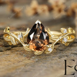 Pear shaped Natural Smoky Quartz ring 18K Solid Yellow Gold ring handmade promise gemstone Nature Inspired leaf ring proposal gift for women