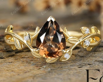 Birnenförmiger natürlicher Rauchquarzring 18K solides Gelbgoldring handgemachtes Versprechen Edelstein Natur inspiriert Blattringvorschlag Geschenk für Frauen