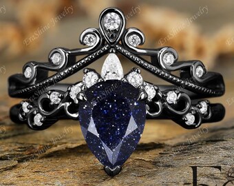 Pear shaped Blue Sandstone ring set 18K Black solid Gold adjustable band vintage branch engagement ring set goldstone bridal set