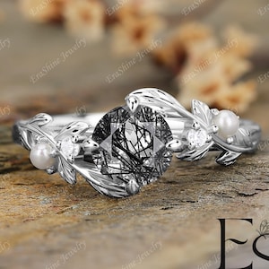 Natürliche schwarze Rutilquarz Ring 18K Weißgold Ring handgemachte Verlobungsring Perle Vorschlag Ring Geschenke für sie Natur inspiriert Blattring