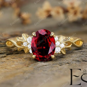 Ruby ring Leaf Engagement Ring Nature Inspired ring 18K Yellow Gold ring handmade branch oval cut red gemstone birthday gifts for her