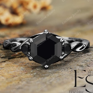 Three-stone 18K Black Gold Hexagon cut Natural Black Onyx ring engagement ring anniversary gifts ring for women July birthstone ring