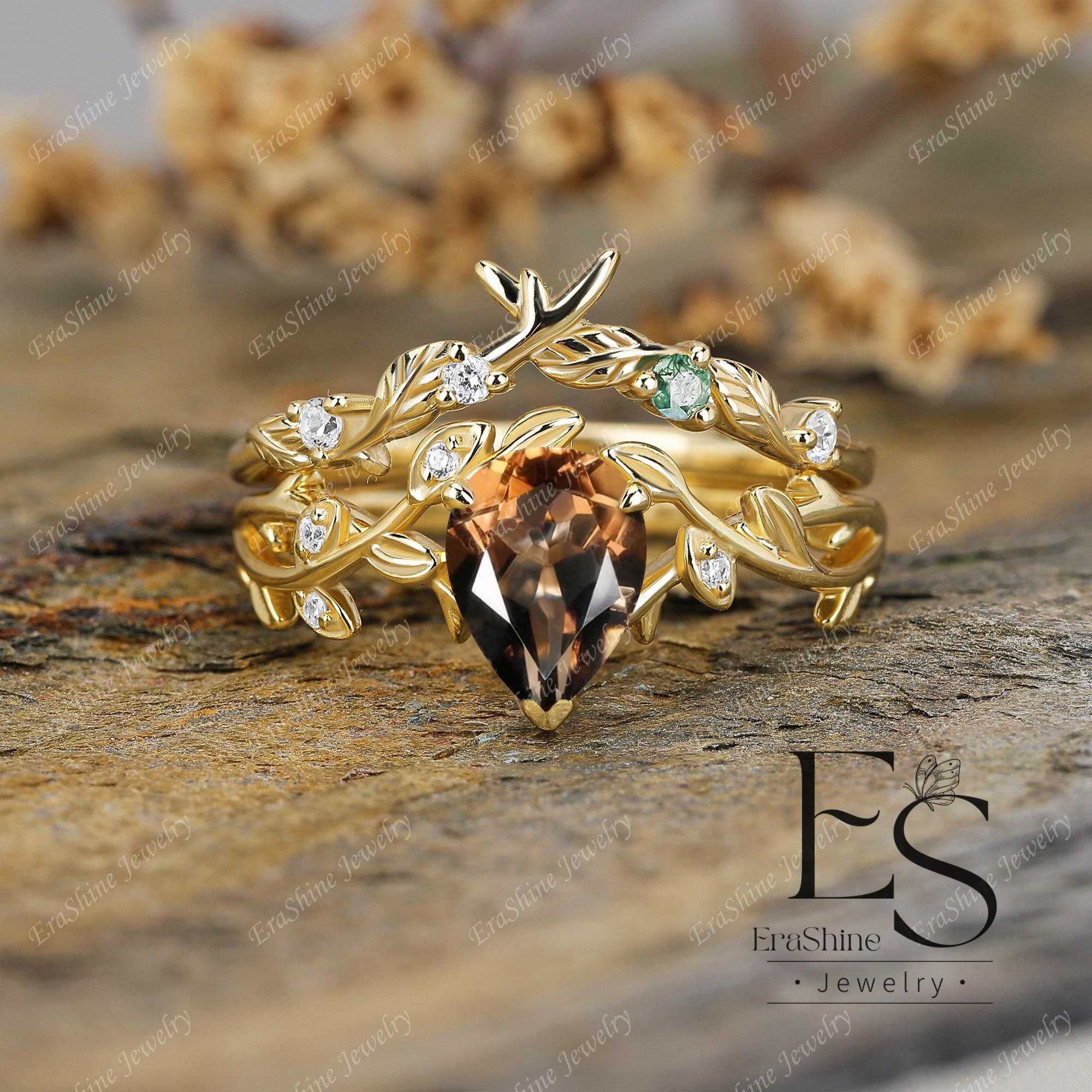 Nature Inspired Branch Ring Pear Cut Natural Smoky Quartz Ring Set