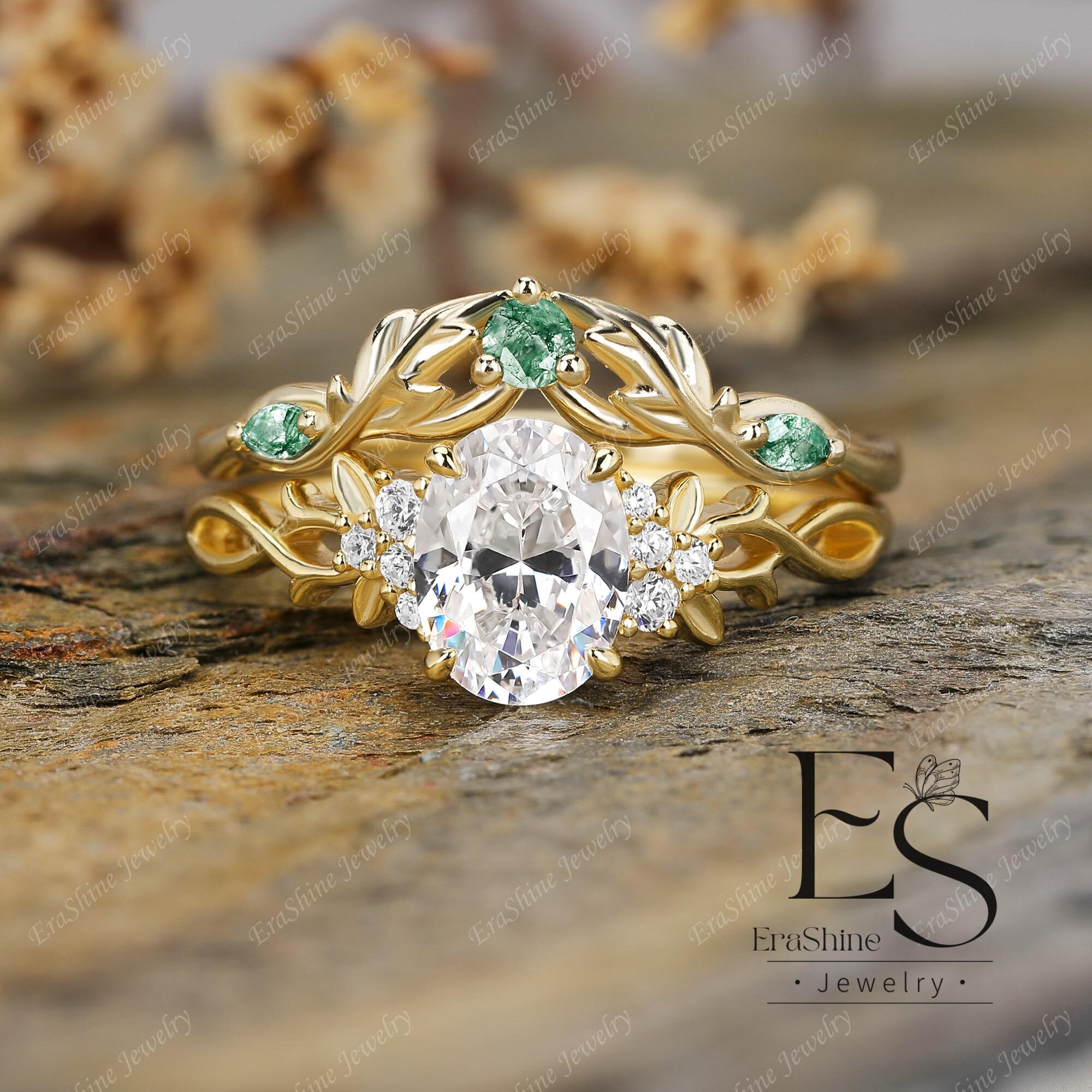⭐️GOLD　RING Oval Cut Moissanite Ring Set Natural Moss Agate Band Nature