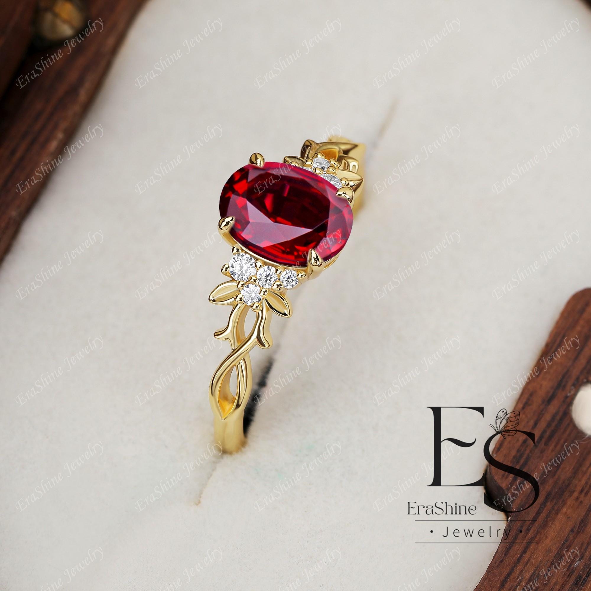 Ruby Ring Leaf Engagement Ring Nature Inspired Ring 18K Yellow Gold ...