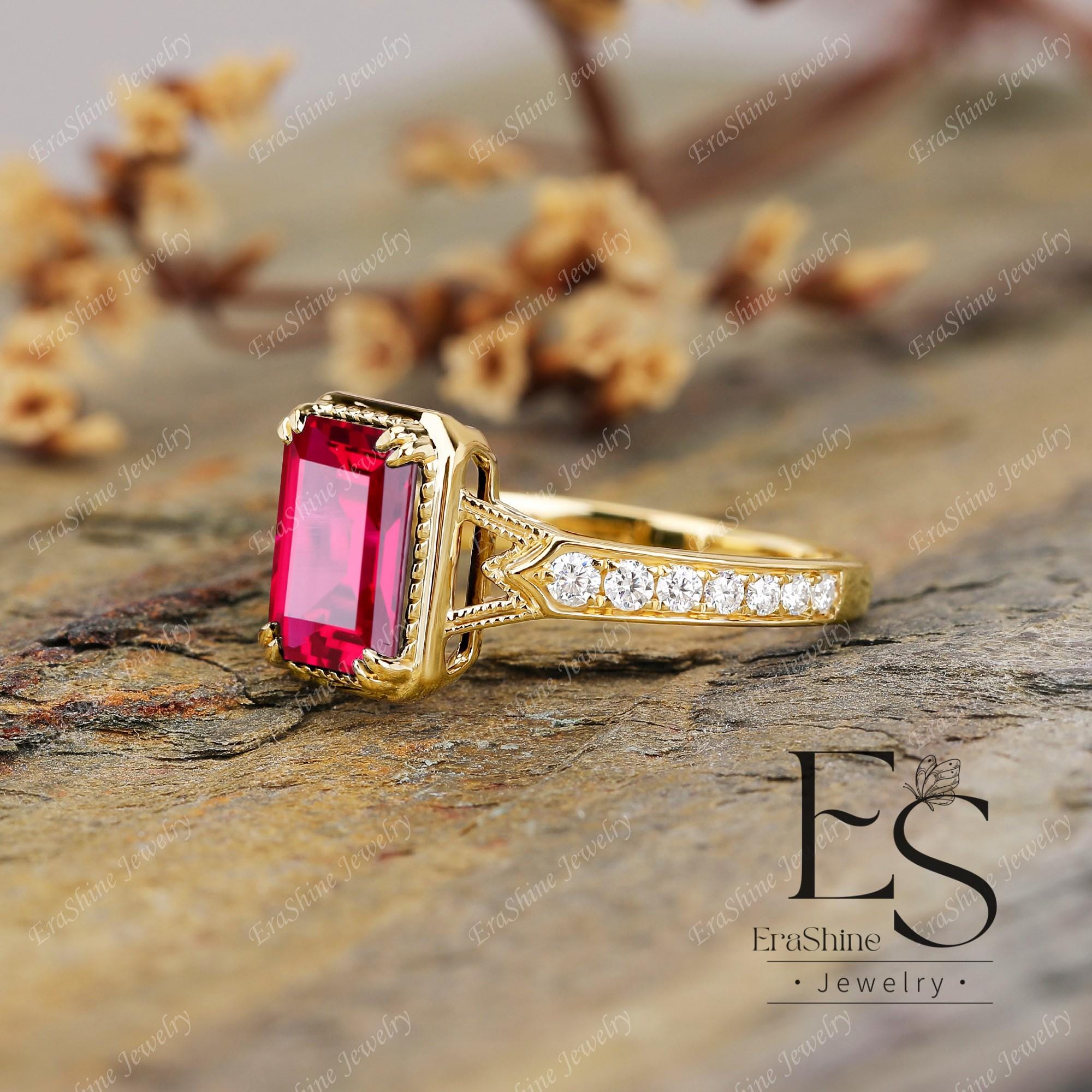Elegant 18K Yellow Gold Emerald Cut Ruby Ring for Women Engagement Ring ...
