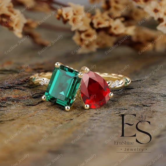 Anello Toi et Moi con smeraldo e rubino, anello di fidanzamento in - Main Image