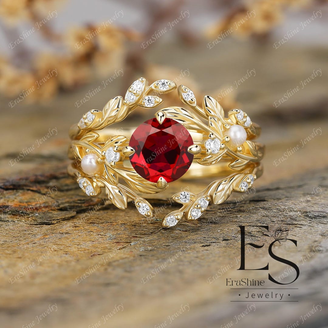 Round Cut Ruby Ring Set Adjustable Natural Pearl Band Vintage Branch ...