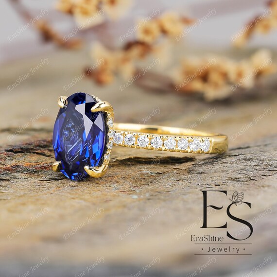 18K Yellow Gold Oval Cut Blue Sapphire Ring Prong Channel Handmade
