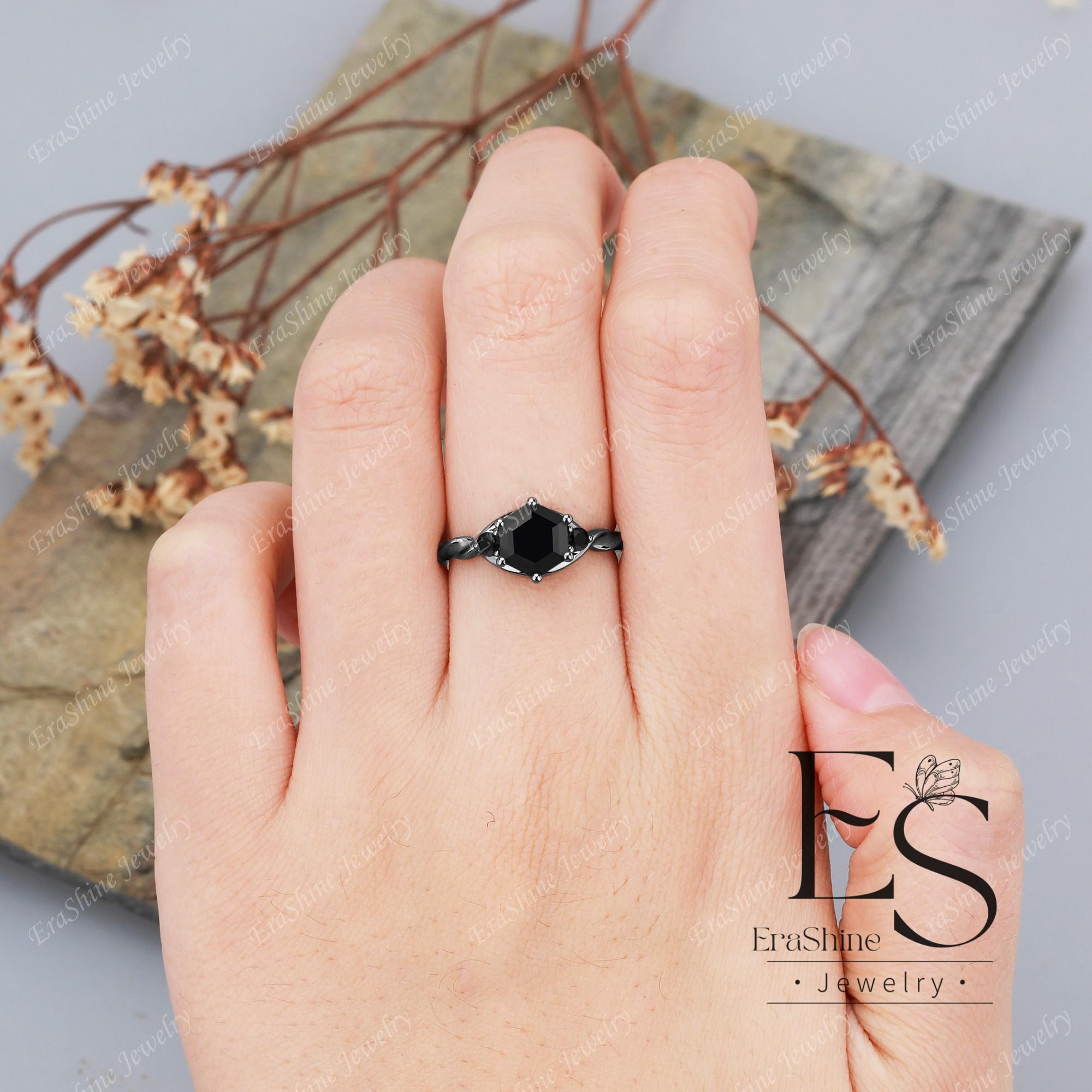 Three-stone 18K Black Gold Hexagon Cut Natural Black Onyx Ring