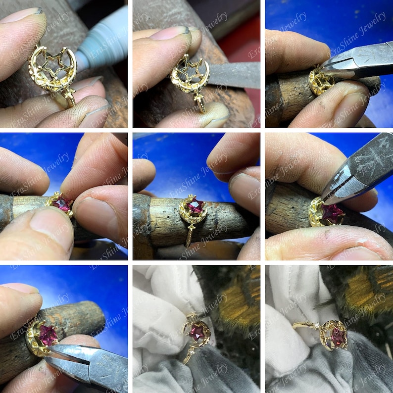 K&ouml;nnte beinhalten: Nahaufnahme eines goldenen Rings mit einem roten Edelstein, der in einem Halbmond-Design gefasst ist. Der Ring wird von einem Juwelier bearbeitet, der eine Zange verwendet, um die Fassung anzupassen.