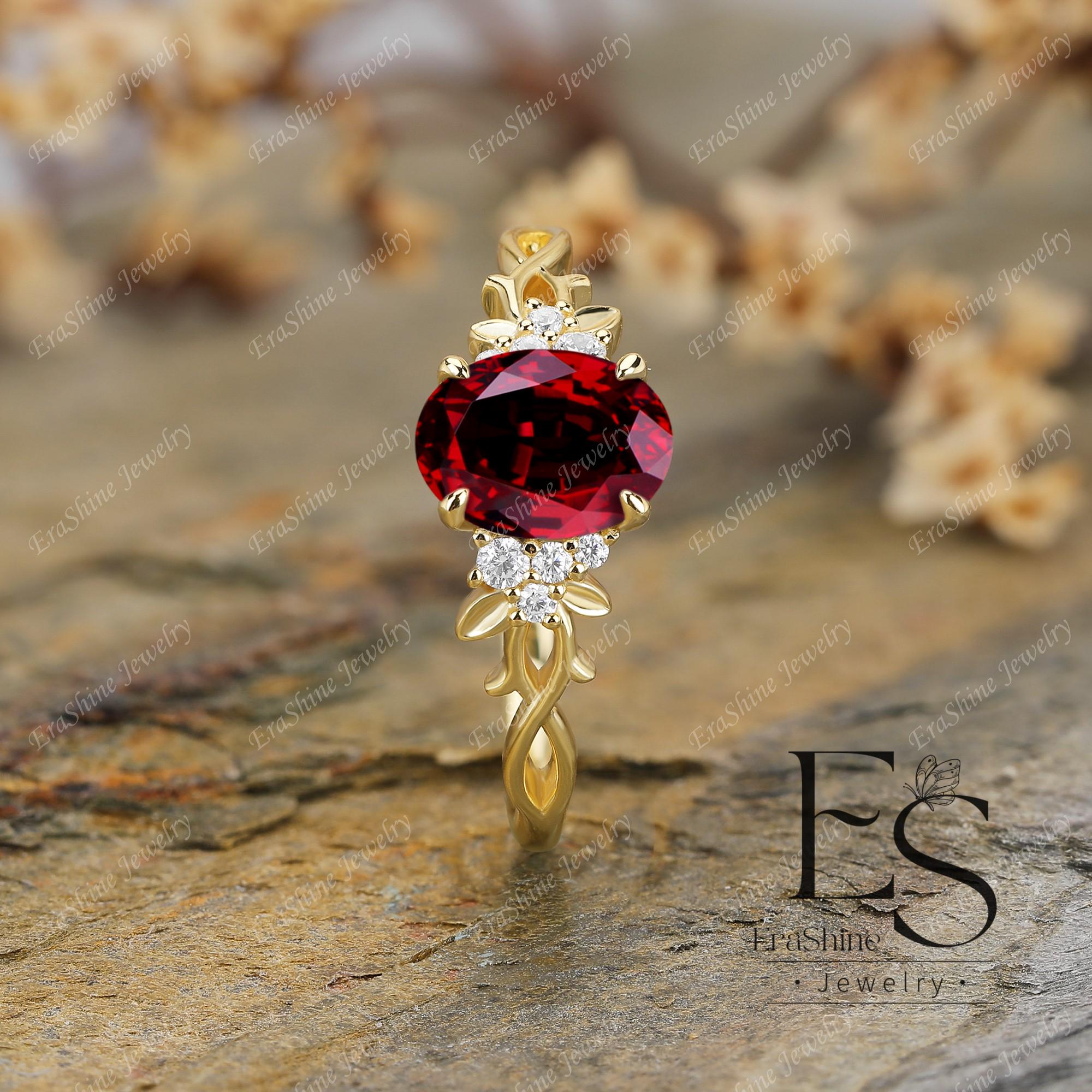 Ruby Ring Leaf Engagement Ring Nature Inspired Ring 18K Yellow Gold ...