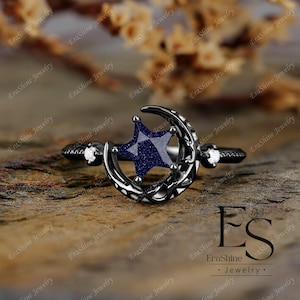 Natural Garnet Ring Star Moon Ring 18K Solid Gold Promise Ring Vintage ...
