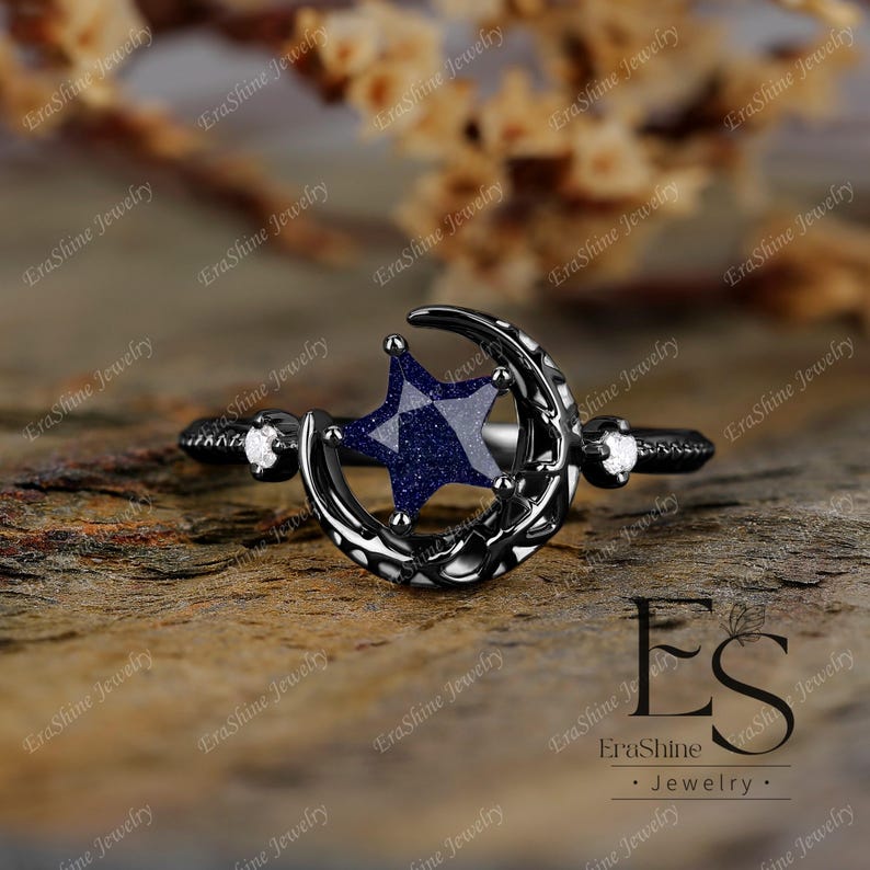 Natürlicher Granatring Sternmondring 18K Massivgold Versprechensring Vintage Ring für ihren Vorschlagring Frauen roter Edelsteinring Verlobungsring Blue Sandstone