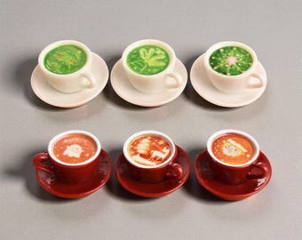 Set 3 Coffee Matcha Latte Cup and Saucer Plate Dollhouse Miniature Christmas Decoration