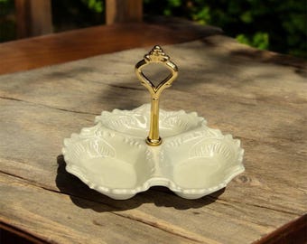 Miniature 3-Section Vintage Dessert Plate with Gold Handle - Dollhouse Afternoon Tea Party Cake Plate - Faux Ceramic 1:12 Dollhouse Tray