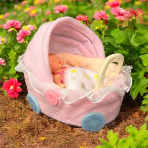 Mini Plush Baby Bassinet for My Mini Baby Zuru – Soft Doll Pram Stroller with Pillow & Swaddle – Keychain Bag Charm Accessory