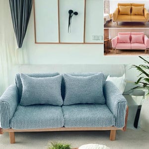 Dollhouse Sofa Miniature With Cushions Simple Solid Wood Couch Double Sofa Doll 1:12 Scale Furniture