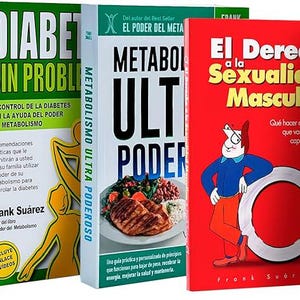 Puede incluir: Una colección de libros con títulos en español, incluyendo "El Poder del Metabolismo" y "Diabetes Sin Problemas." Las portadas presentan imágenes de personas, comida e ilustraciones. Los libros son de Frank Suárez y se centran en la salud y el bienestar.